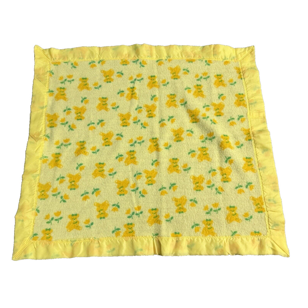 Vintage Baby Blanket Doll Yellow Teddy Bears Flowers 24x27 Throw